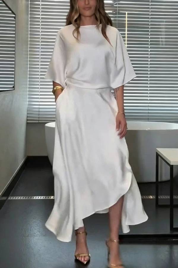 Modern and Elegant Satin Half Wide Sleeve Wrap Style Pocket Slit Loose Maxi Dress
