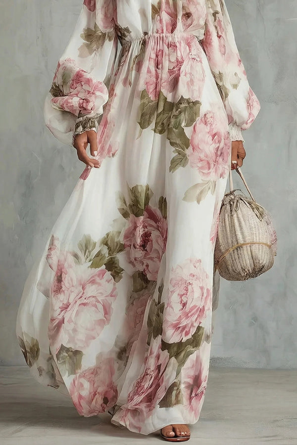 Floral Print Off-Shoulder Long-Sleeve Elastic Waist-Defining Maxi Dress