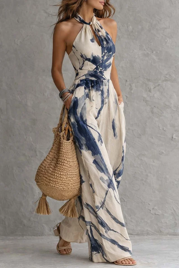 Backless Printed Wide-leg Jumpsuit