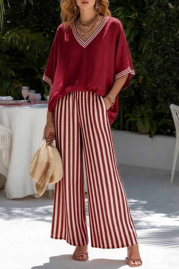 Striped Linen Cotton-stitched Top And Striped Trousers