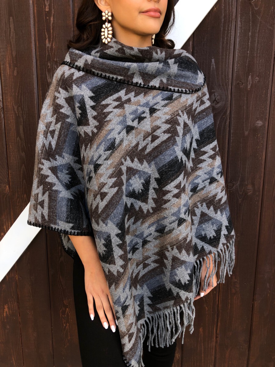 "Shayanne"Aztec Poncho With Tassel ( Gray )