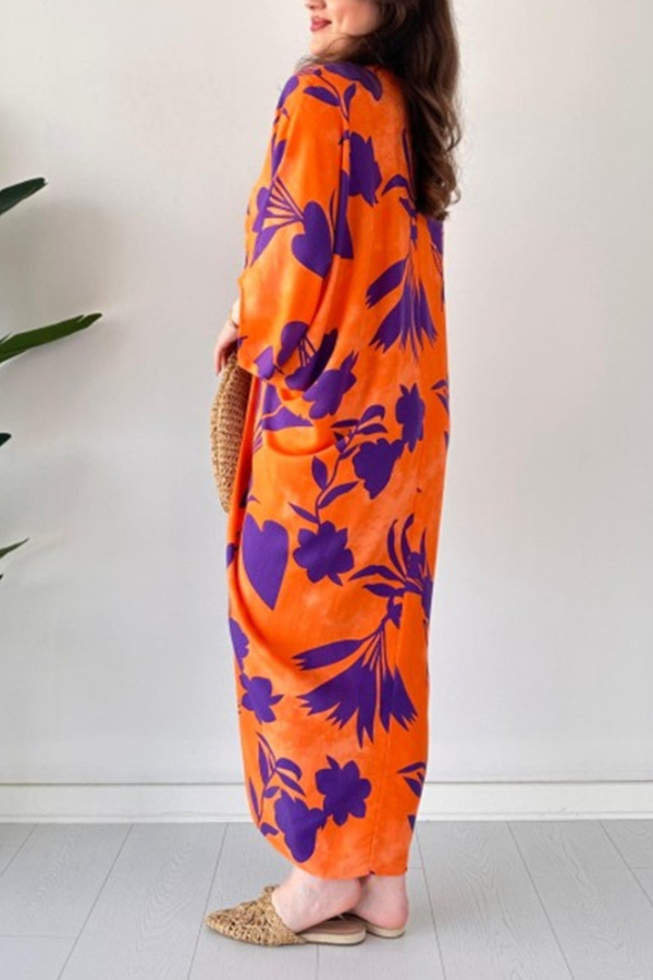 🎁Mother’s Day Sale 49% OFF-Fashionable V-neck Printed Loose-Fit Batwing Sleeve Drawstring Dress