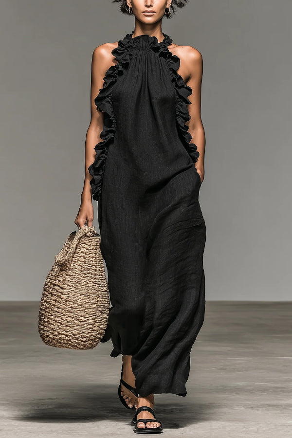 Linen Blend Halter Neck Ruffle Sleeveless Casual Loose Maxi Dress