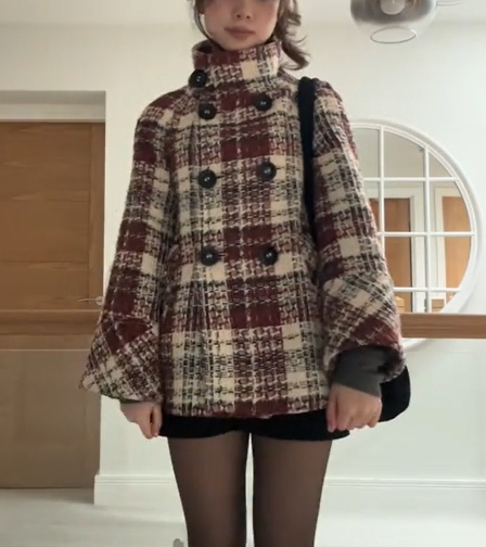 Red Check Stand Collar Button-Down Coat