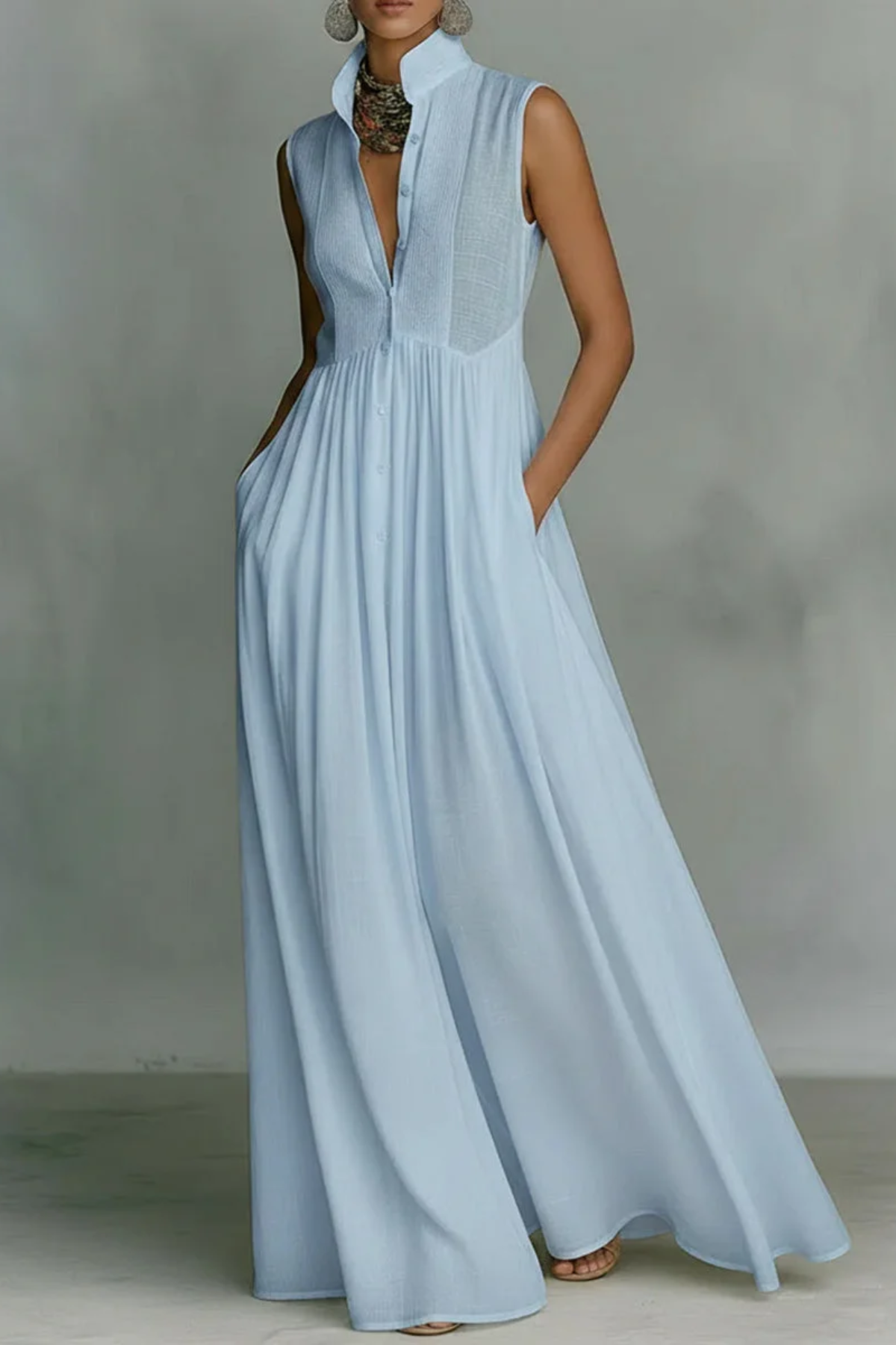 Women's Solid Color Stand Collar Sleeveless Casual Loose Cotton Linen Dress