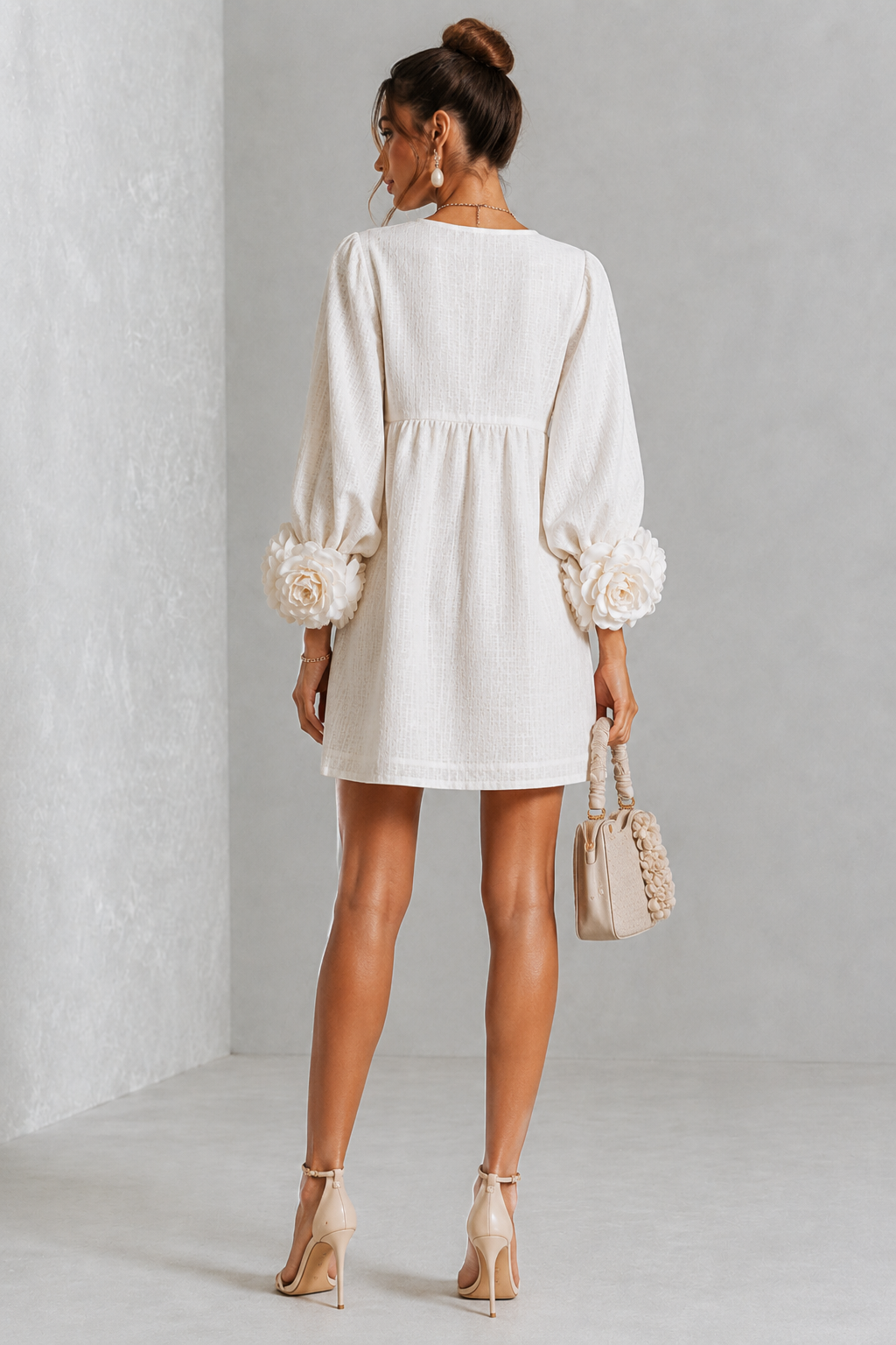  WhiteTextured Floral Button-Down Mini Dress With Striking Floral Cuffs