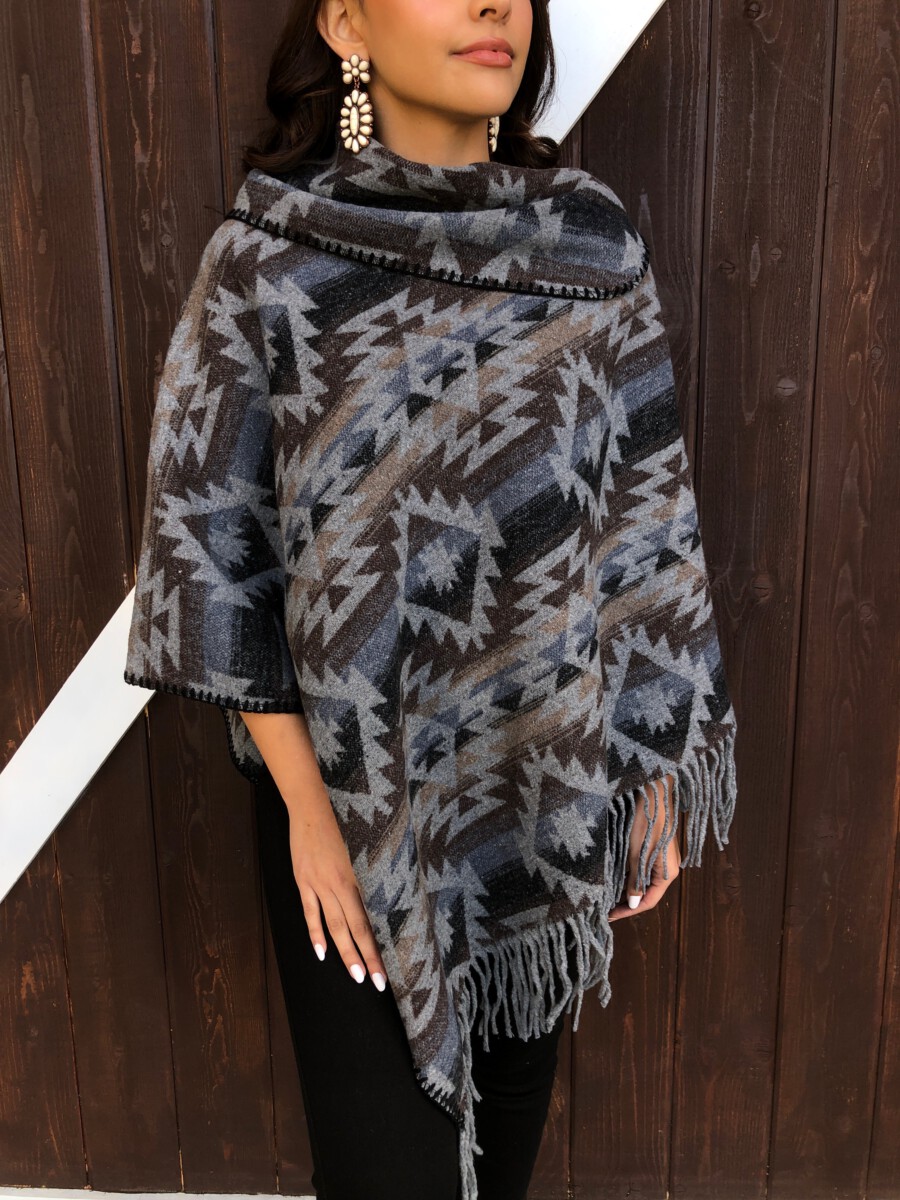 "Shayanne"Aztec Poncho With Tassel ( Gray )