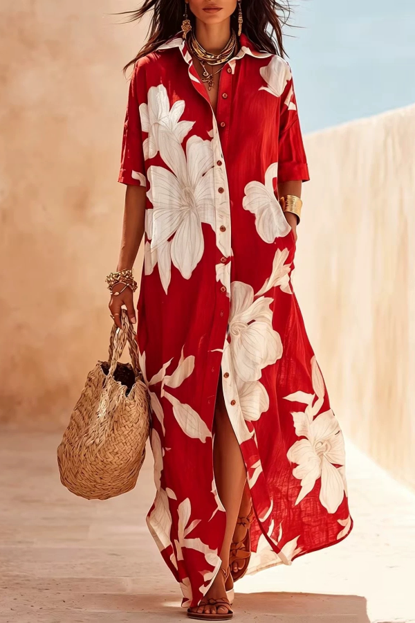 Floral Print Button-Down Shirt Maxi Dress