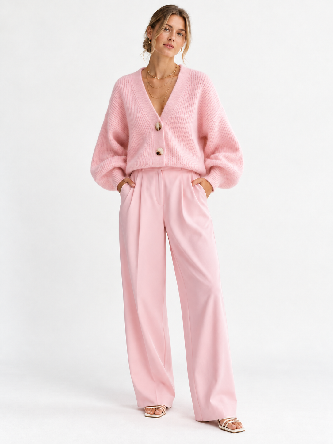 Women's Soft Knit V-Neck Cardigan & Wide-Leg Pants Set