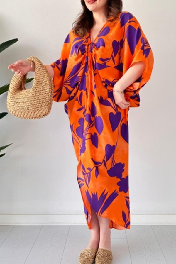 🎁Mother’s Day Sale 49% OFF-Fashionable V-neck Printed Loose-Fit Batwing Sleeve Drawstring Dress