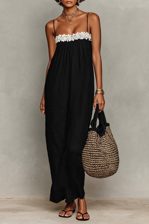 Women’s Minimalist Linen-Blend Lace-Patchwork Strapless Slip Maxi Dress