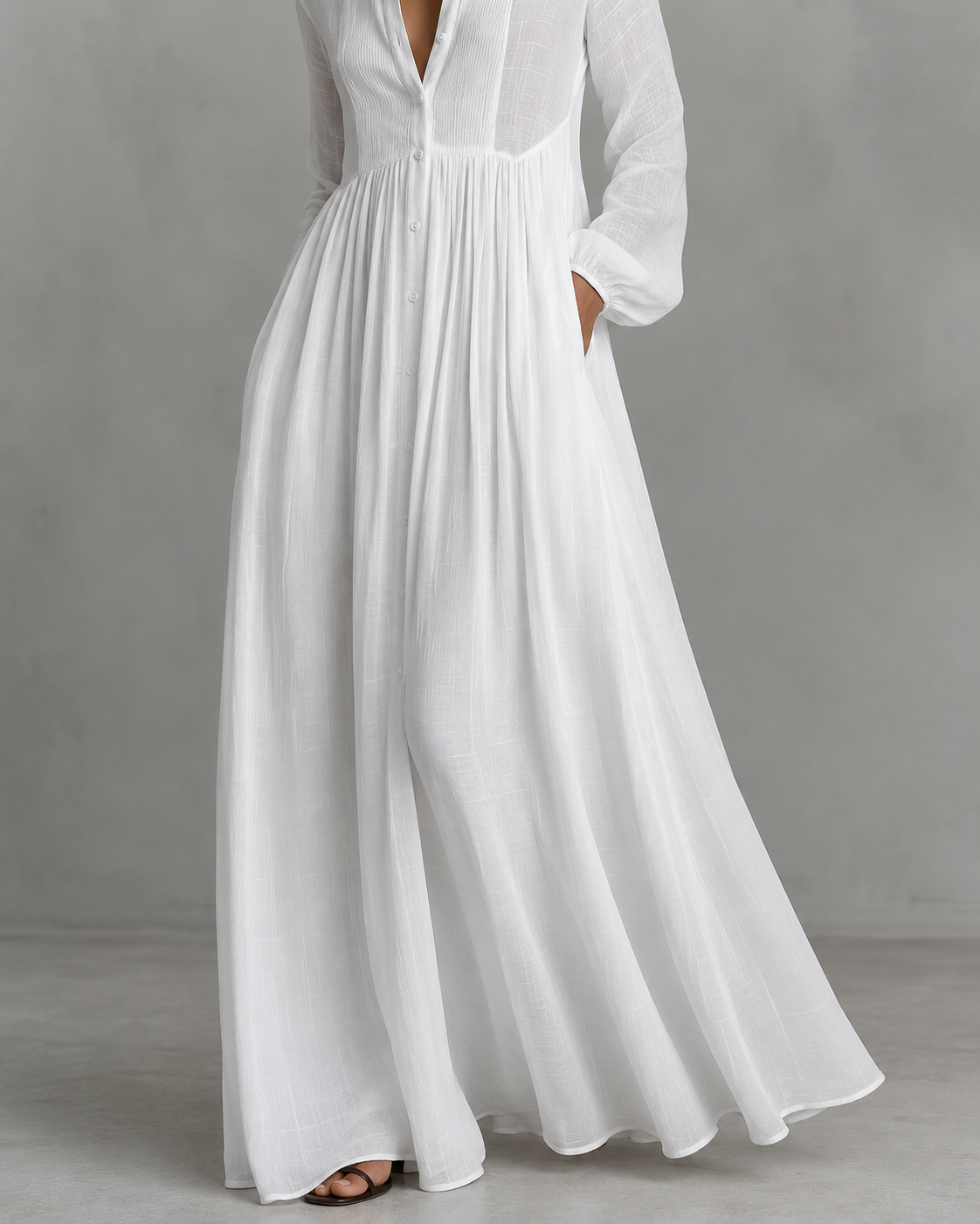 Women's Single-Button Stand-Up Collar Long-Sleeve Dress