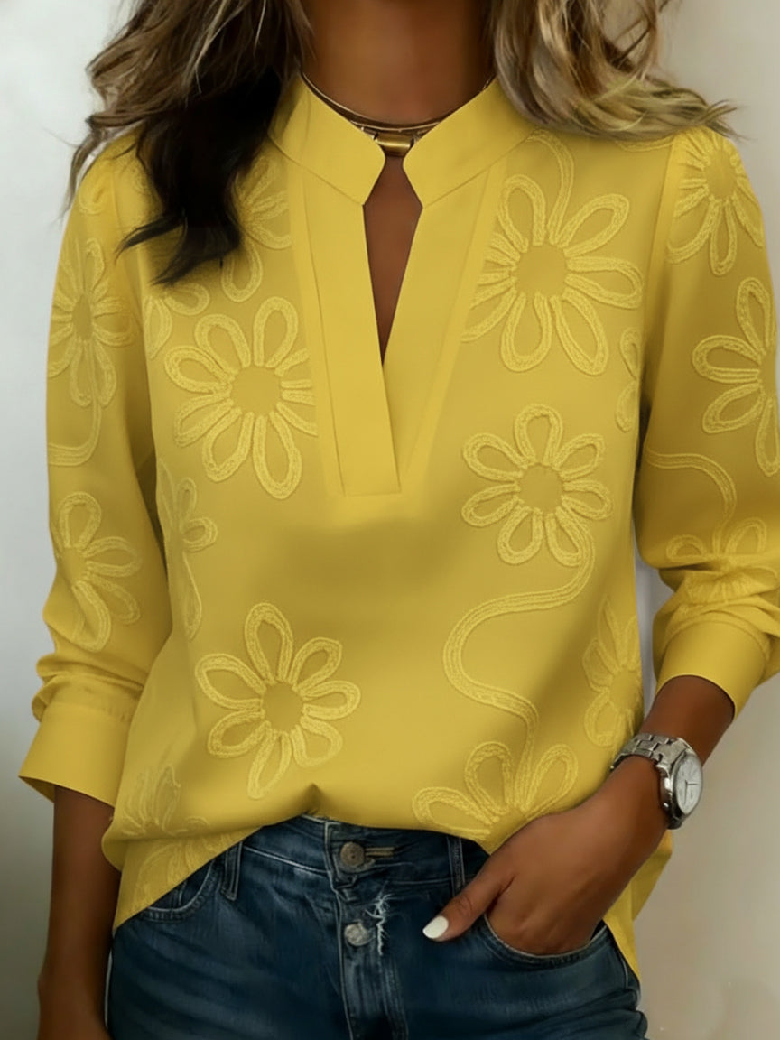 Elegant Vintage V-neck Floral Embroidery Blouse
