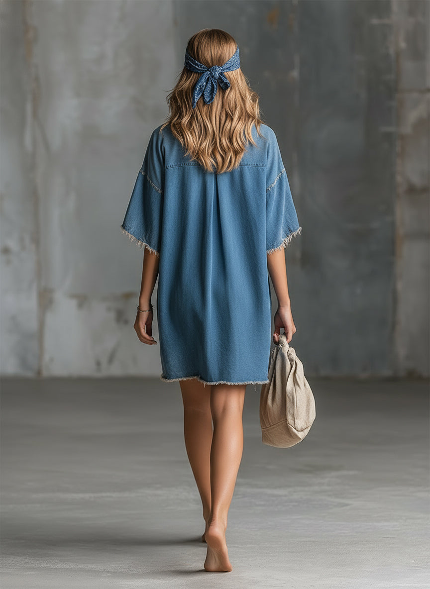 Stylish And Casual Frayed-edge Blue Denim Short-sleeved Mini Dress