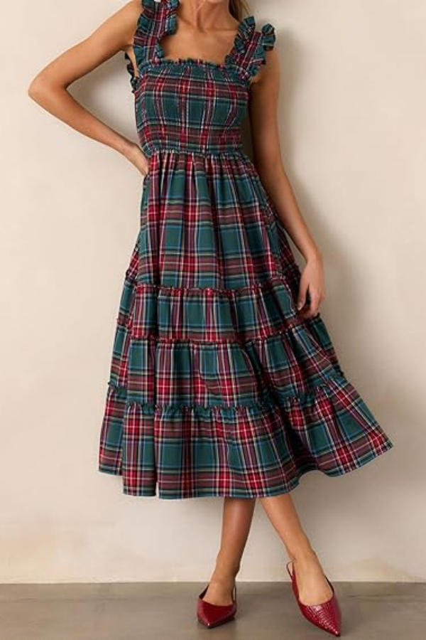 Women Retro Long Tank Dress Sleeveless Plaid Print Ruffled A-Line Maxi Dress