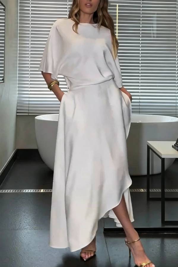 Modern and Elegant Satin Half Wide Sleeve Wrap Style Pocket Slit Loose Maxi Dress
