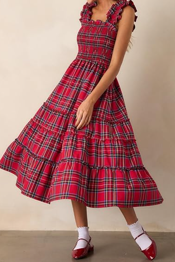 Women Retro Long Tank Dress Sleeveless Plaid Print Ruffled A-Line Maxi Dress