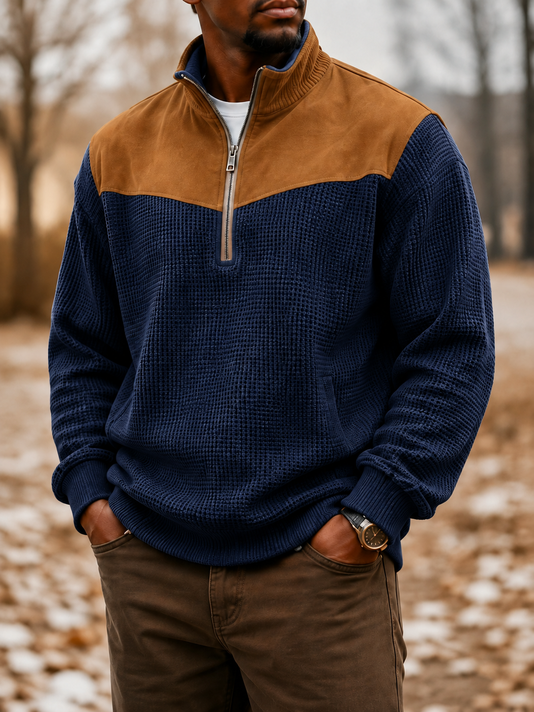 Men’s Waffle Knit Suede-Panel Quarter-Zip Pullover