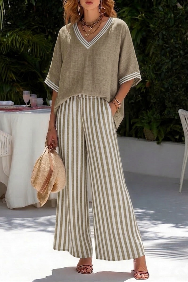 Striped Linen Cotton-stitched Top And Striped Trousers