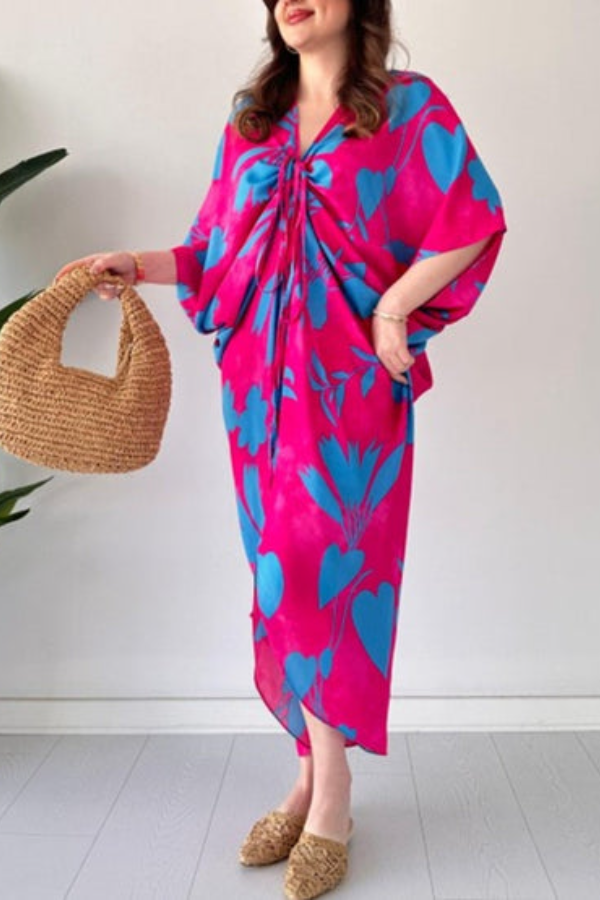 🎁Mother’s Day Sale 49% OFF-Fashionable V-neck Printed Loose-Fit Batwing Sleeve Drawstring Dress