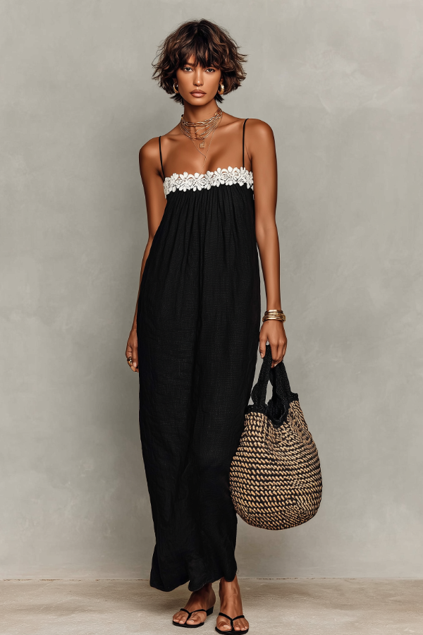 Women’s Minimalist Linen-Blend Lace-Patchwork Strapless Slip Maxi Dress