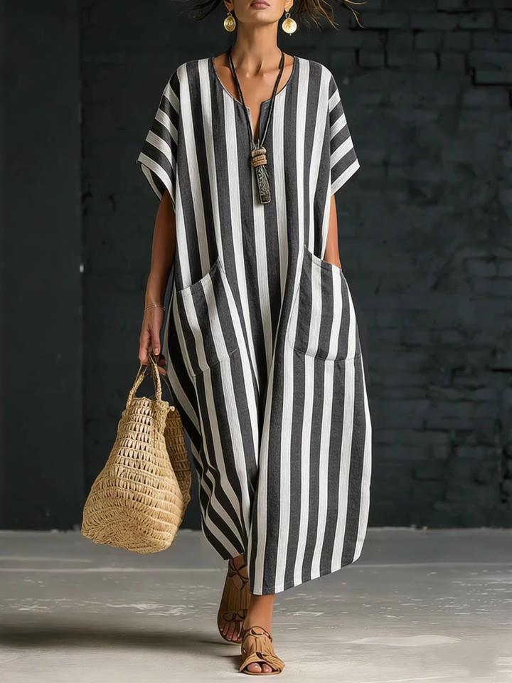 Women's Loose-fit V-neck Striped Dress
