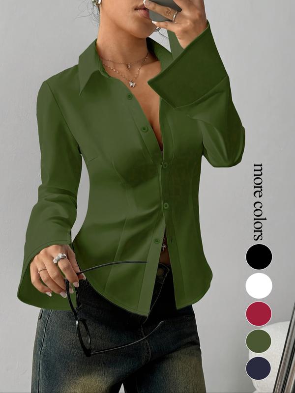 Women's Slim-Fit Button-Down Long-Sleeved Casual Shirt, Suitable for Daily Commuting