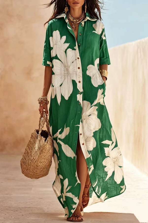 Floral Print Button-Down Shirt Maxi Dress