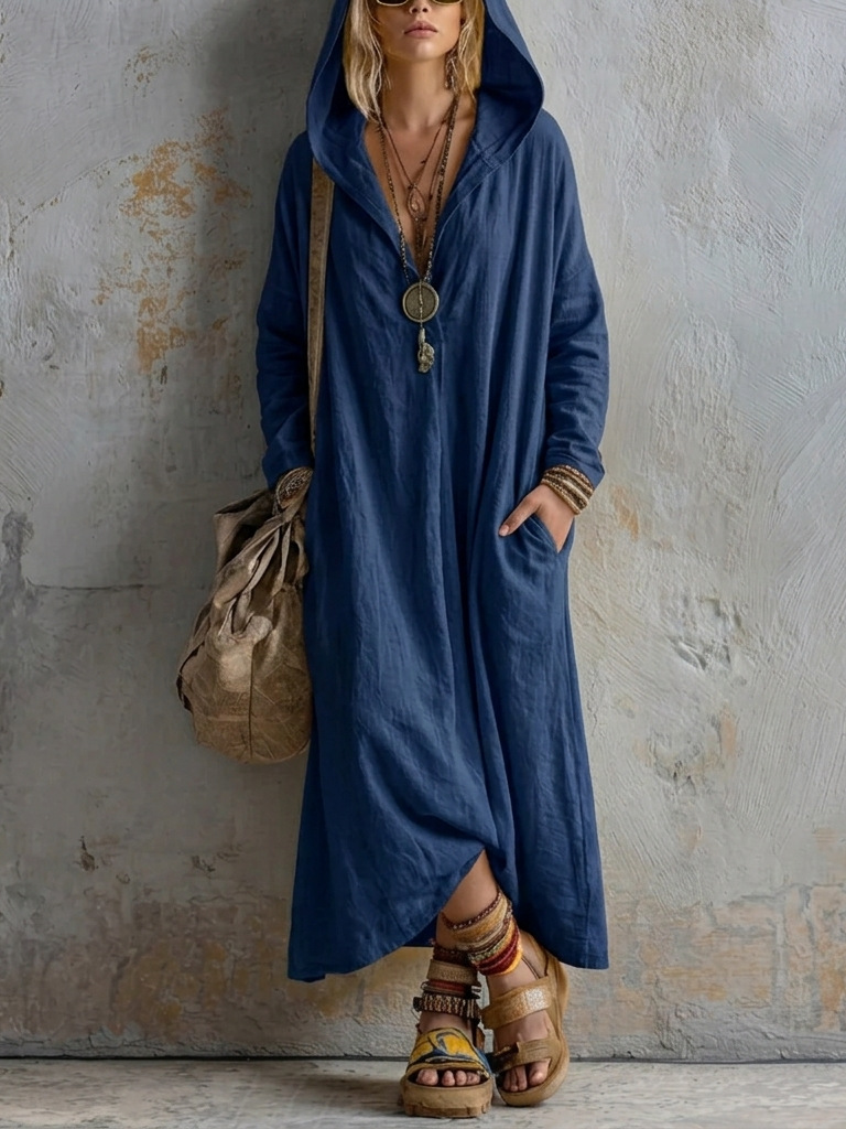 Loose Casual Pocket Long Sleeve V-Neck Hooded Dress