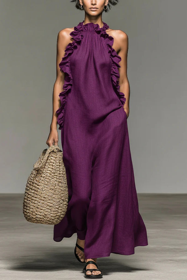 Linen Blend Halter Neck Ruffle Sleeveless Casual Loose Maxi Dress