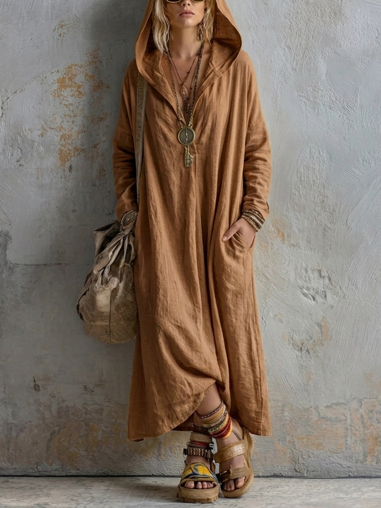 Loose Casual Pocket Long Sleeve V-Neck Hooded Dress