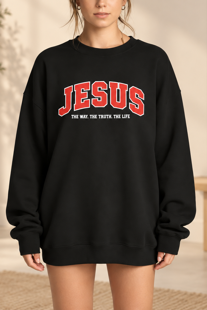 Everyday Black Crewneck Sweatshirt with "JESUS - The Way. The Truth. The Life" Print Hoodie Womenswear