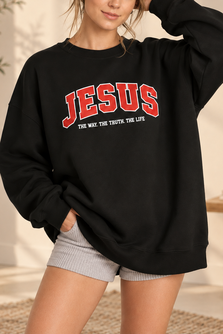 Everyday Black Crewneck Sweatshirt with "JESUS - The Way. The Truth. The Life" Print Hoodie Womenswear