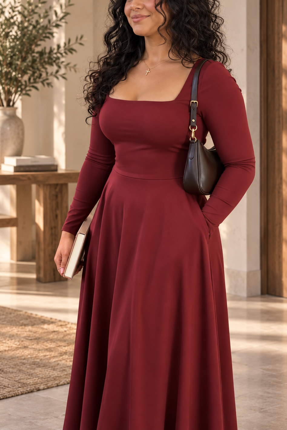 Elegant Square Neck Long Sleeve Midi Swing Dress