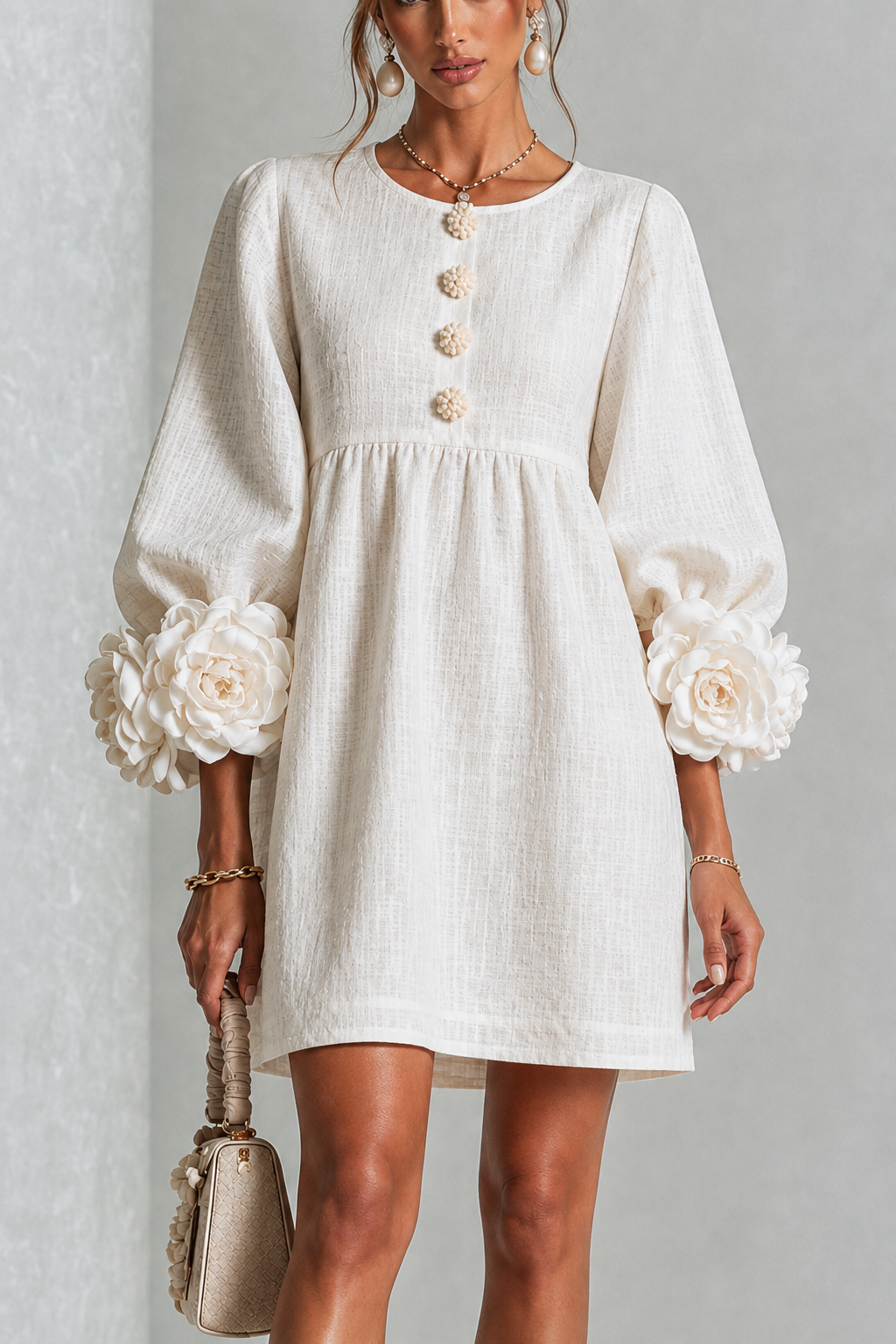 Textured Floral Button-Down Mini Dress With Striking Floral Cuffs