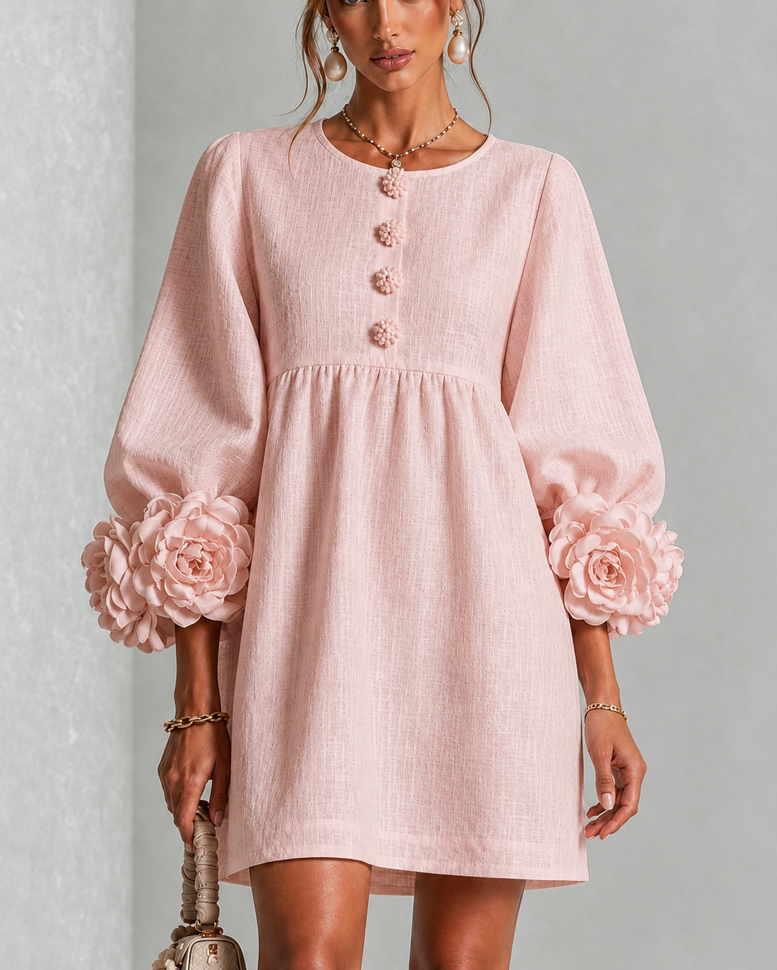  White Textured Floral Button-Down Mini Dress With Striking Floral Cuffs