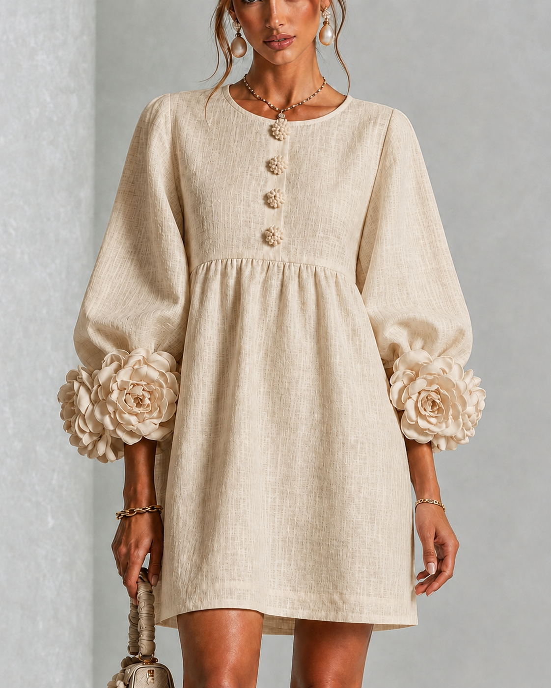  White Textured Floral Button-Down Mini Dress With Striking Floral Cuffs