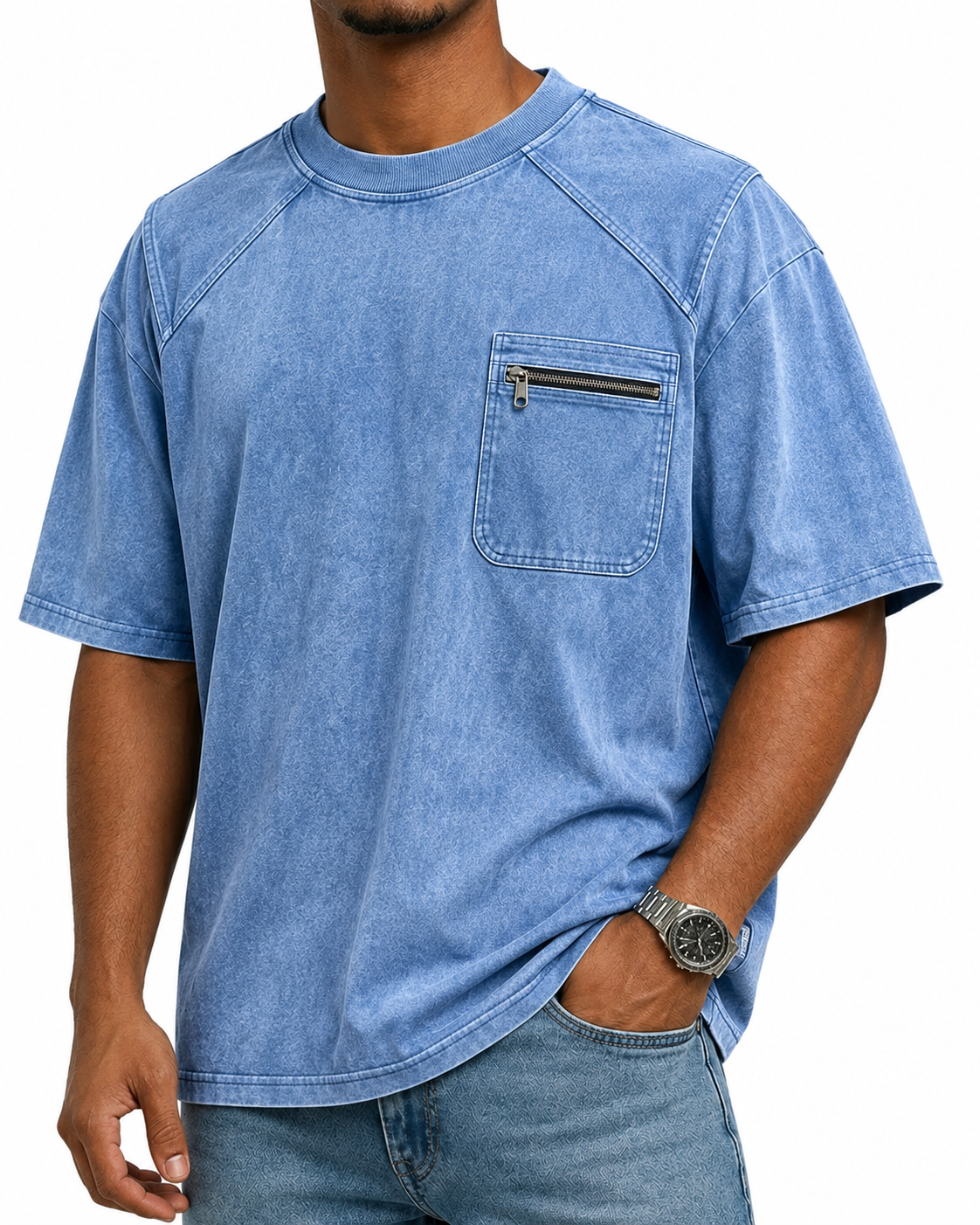 Men’s Vintage Washed Zip-Pocket Panel T-Shirt