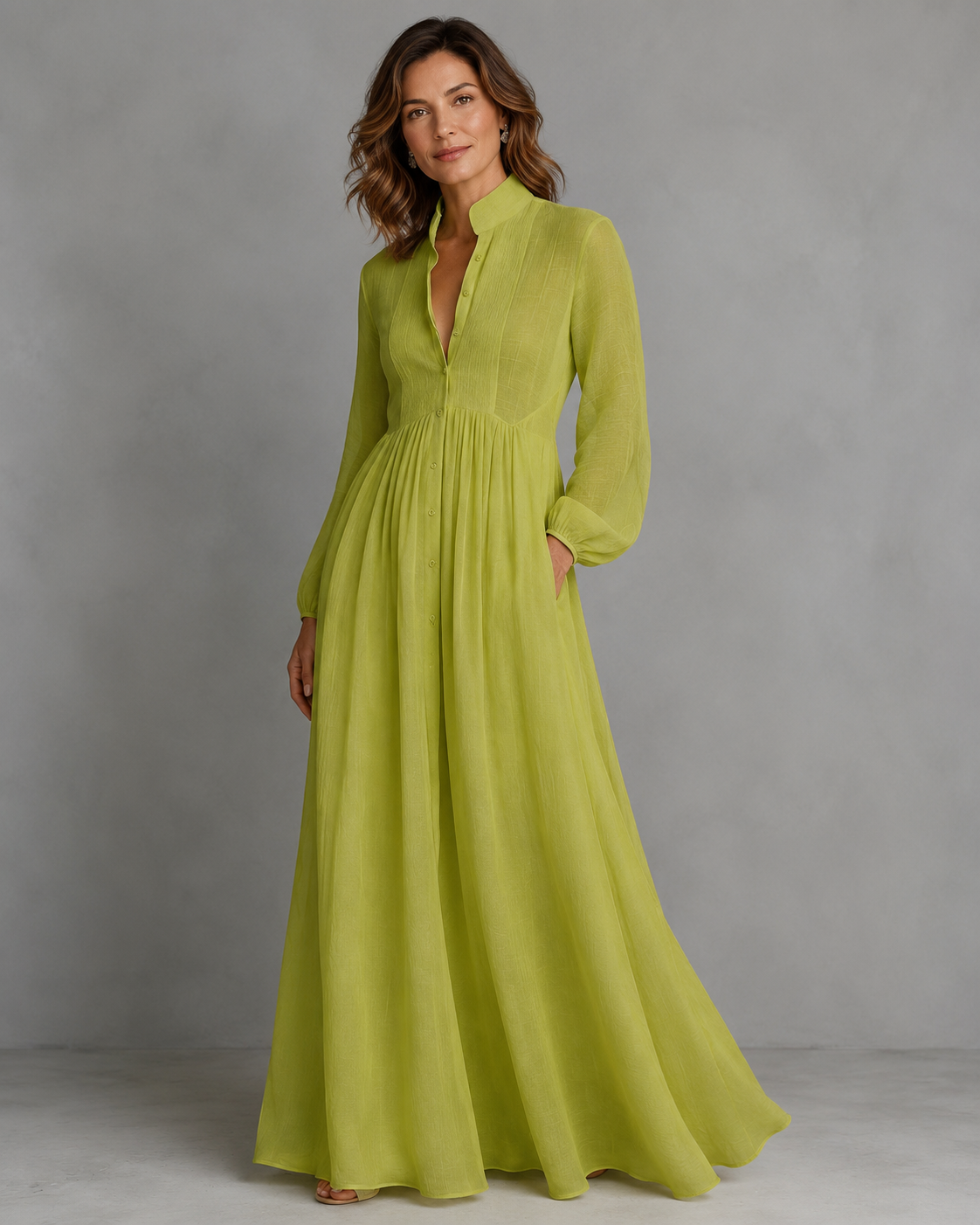 Women's Single-Button Stand-Up Collar Long-Sleeve Dress