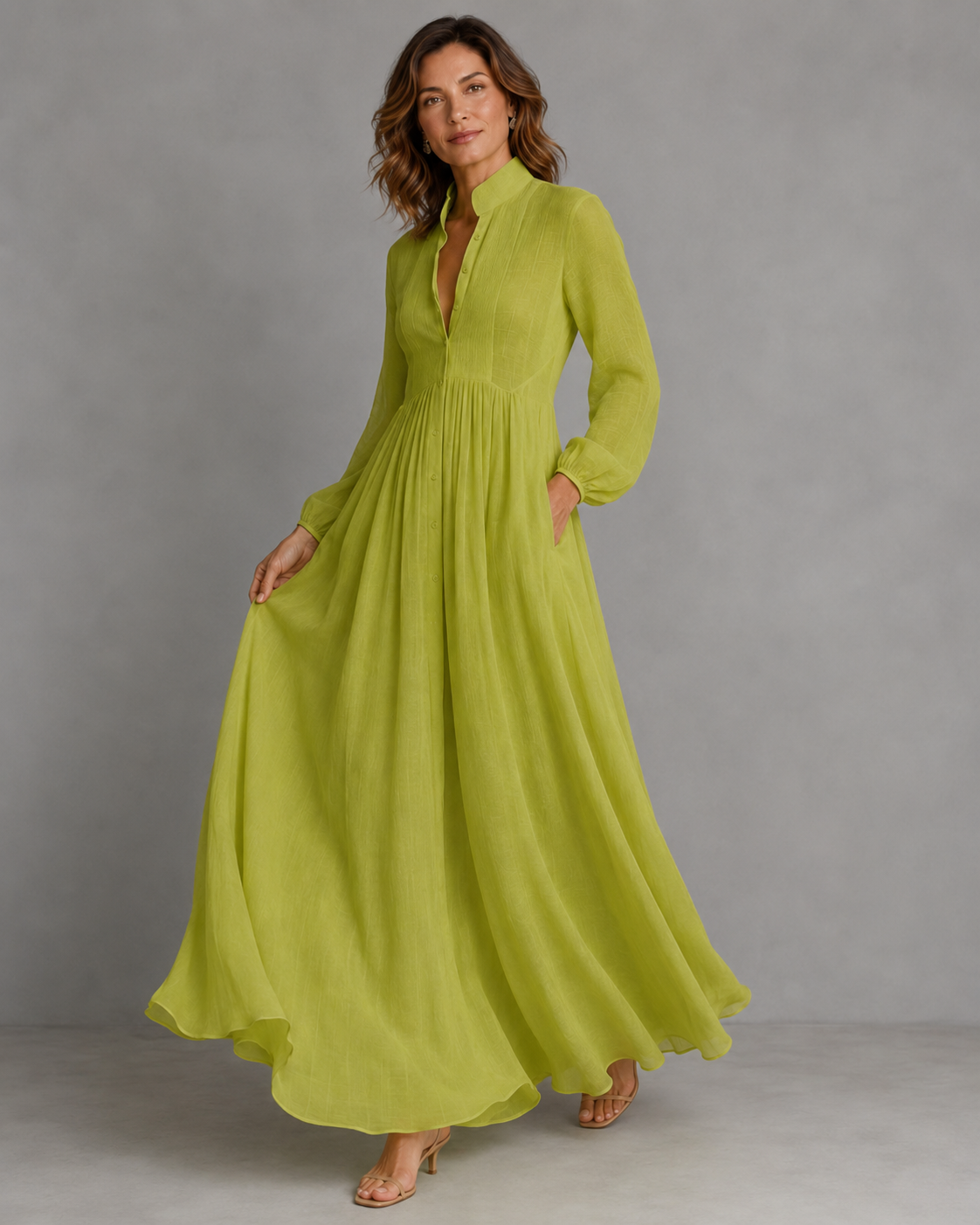 Women's Single-Button Stand-Up Collar Long-Sleeve Dress