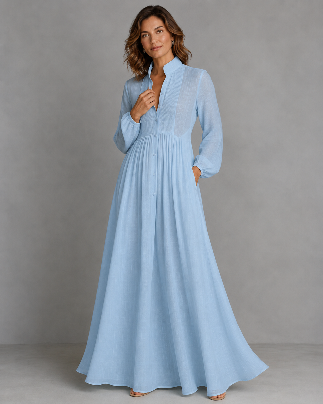 Women's Single-Button Stand-Up Collar Long-Sleeve Dress