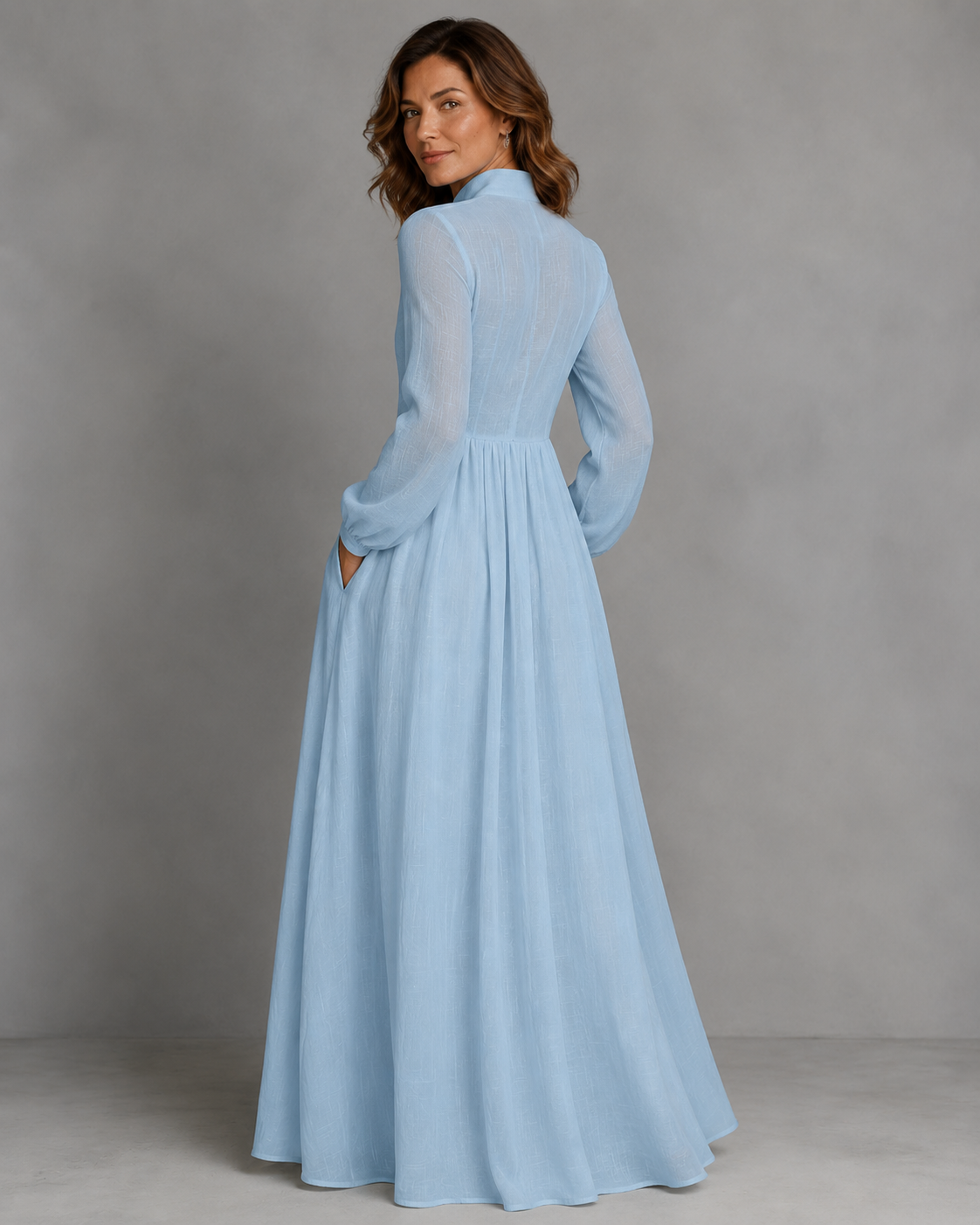 Women's Single-Button Stand-Up Collar Long-Sleeve Dress