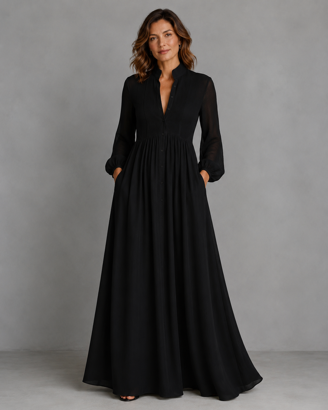 Women's Single-Button Stand-Up Collar Long-Sleeve Dress