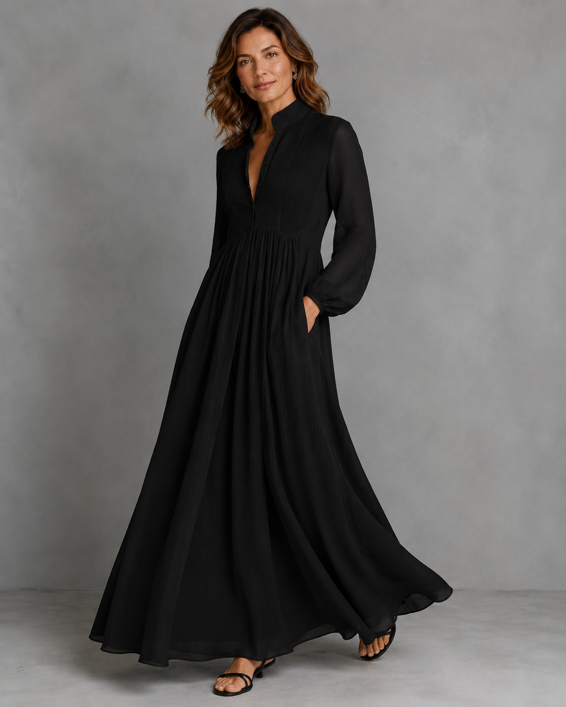 Women's Single-Button Stand-Up Collar Long-Sleeve Dress