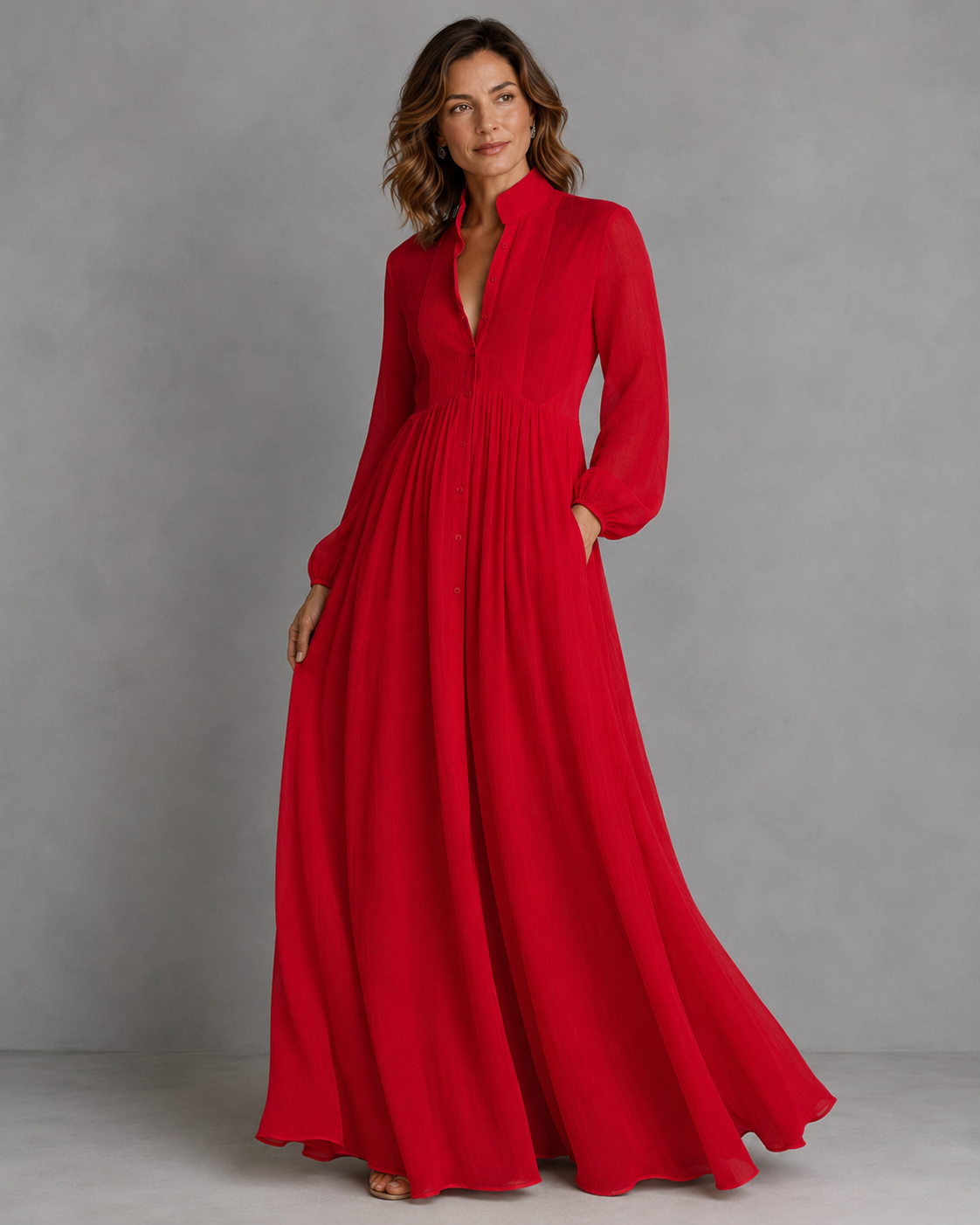 Women's Single-Button Stand-Up Collar Long-Sleeve Dress