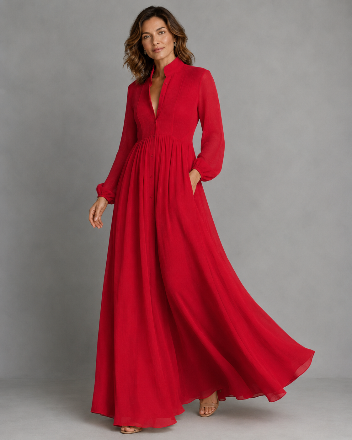 Women's Single-Button Stand-Up Collar Long-Sleeve Dress