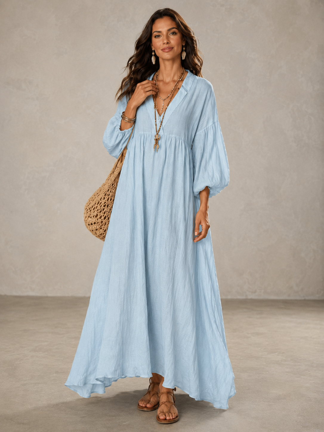 Women's Fashion Loose V-neck Puff Sleeve Dress