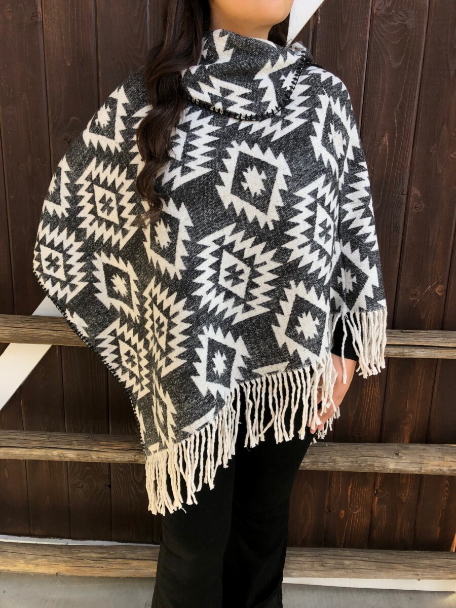 "Shayanne"Aztec Poncho With Tassel ( Black )