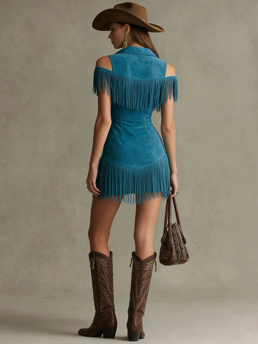 Western Retro Peacock Blue Faux Suede Hollow-Out Tassel Mini Dress