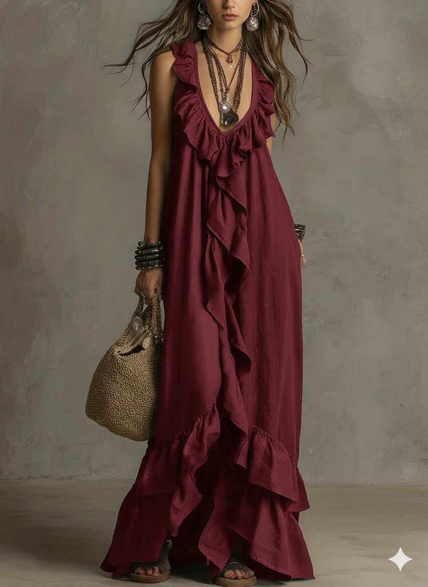 Elegant Bohemian V Neck Ruffle Maxi Dress In Deep Navy